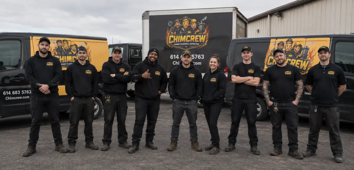 The ChimCrew team in front of their branded service vehicles in Ohio